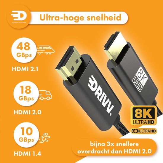 Drivv. HDMI-Kabel 2.1 8K - Ultra HD High Speed - HDMI zu HDMI - Geeignet für Xbox Serie X & PS5 - 1 Meter - Nylon - Grau