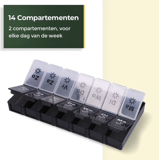 Gandria Pillenbox 7 Tage - Pillenbox - Pillenbox mit 14 Fächern - Medizinbox mit stabilem Verschluss - große Fächer - Schwarz