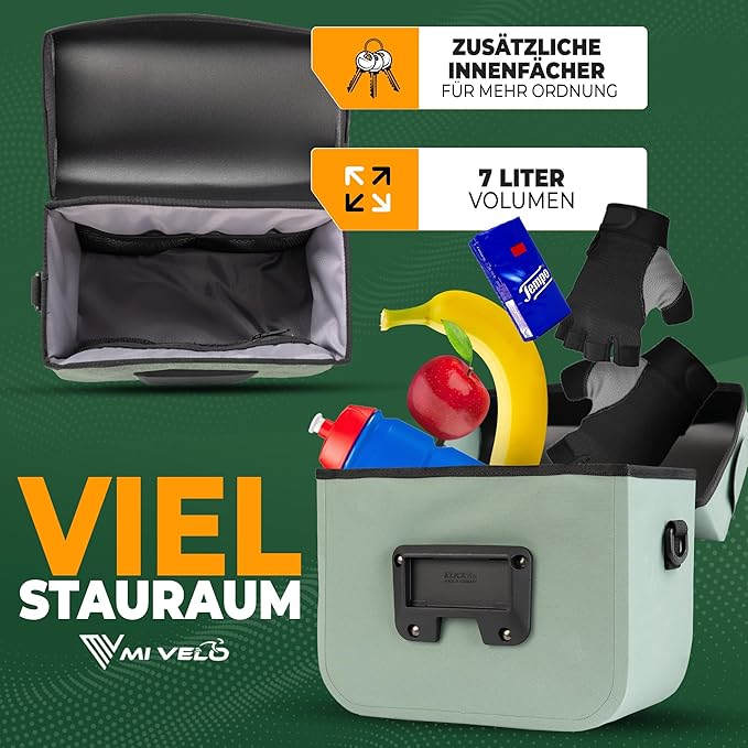 MIVELO Lenkertasche - 100% wasserdicht - mit Handytasche - 7 Liter - Mint