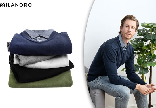 Milanoro Herren Pullover mit Hemdkragen - Hellgrau - Größe XXL - Elegant Fit