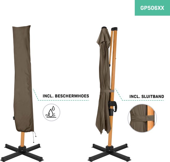 VONROC Premium Sonnenschirm Pisogne - 300x300cm - Inkl. Kreuzfuß & Schutzhülle - Quadratisch - 360° drehbar - Neigbar - UV-beständiges Tuch - Holzoptik - Schwarz