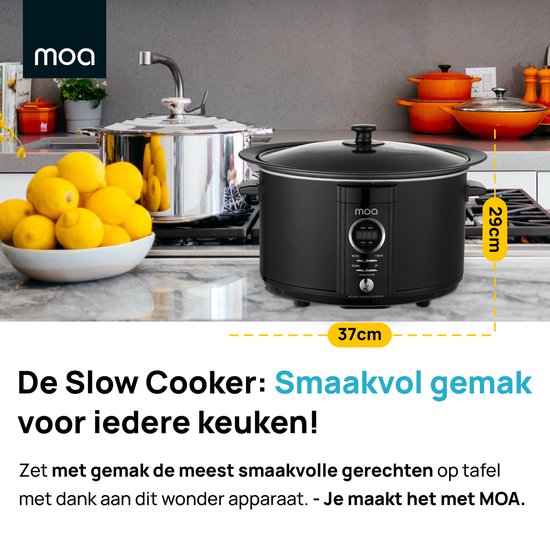 MOA Slowcooker mit Timer - 6,5L - Ø 24,5cm - Aluminium Innenbehälter - Transparenter Deckel - 3 Heizstufen - Spülmaschinenfest - BPA-frei - Schwarz