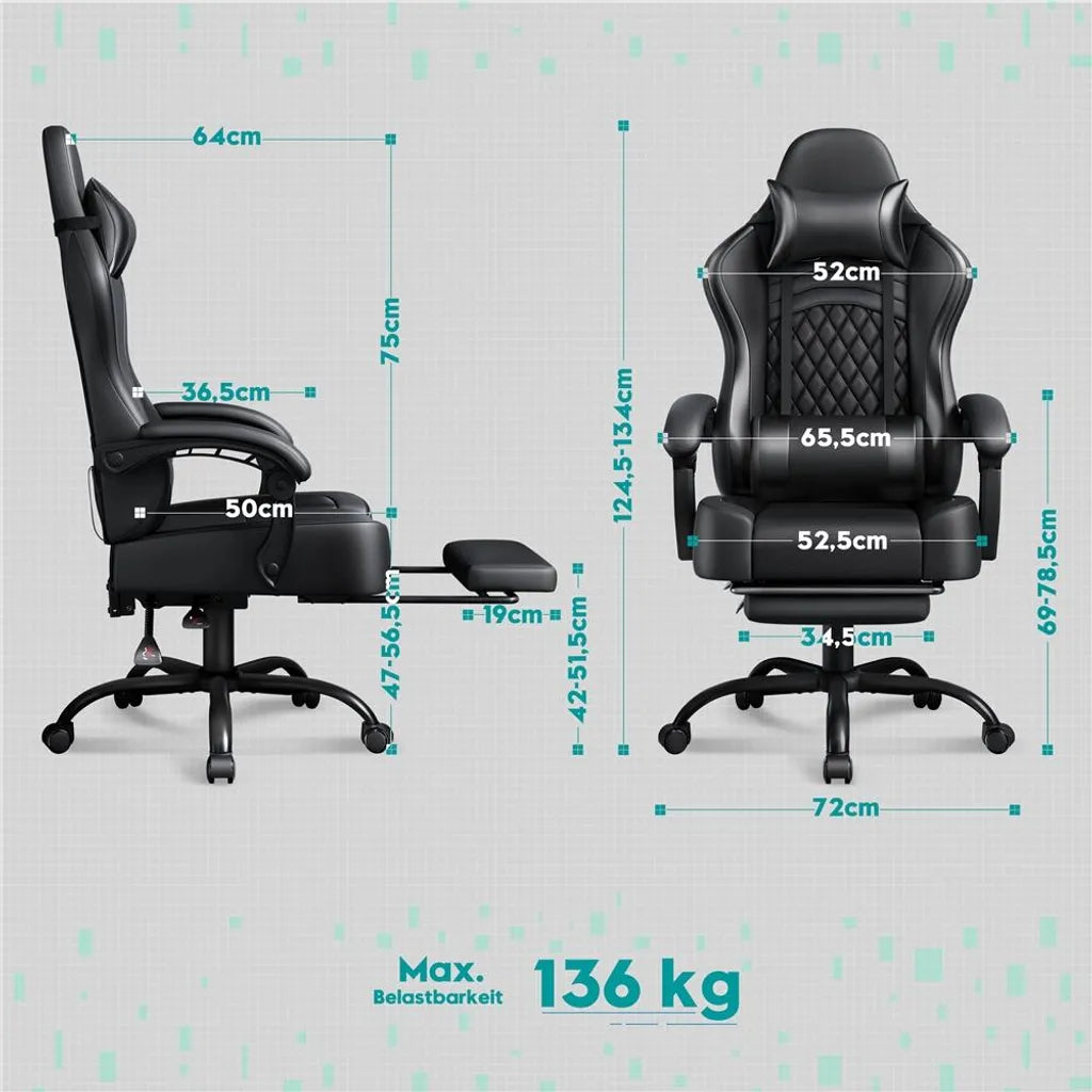 Yaheetech Gaming Chair 72 × 72 × 124,5-134 cm - Schwarz - Ergonomischer Gaming Chair mit Massagefunktion, Fußstütze und verstellbarer Höhe