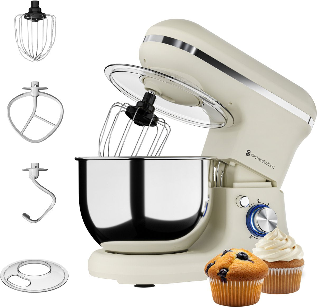 KitchenBrothers Küchenmaschine - 1200W - 5L Rührschüssel - 6 Geschwindigkeiten + Pulse - Küchenroboter mit Knethaken, Schneebesen & Rührhaken - Champagner