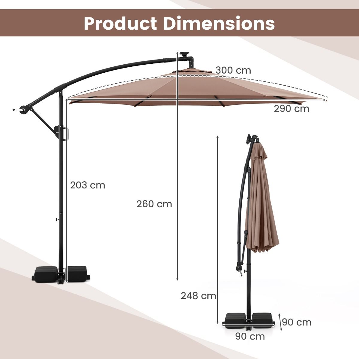 Coast Schwebeparasol mit LED-Beleuchtung – 9 Leuchtmodi – mit Sandsäcken und Pendel – braun – 300 x 260 cm