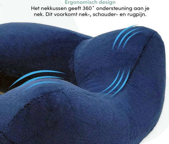 Loti Aufblasbares Nackenkissen Set 3 in 1 mit Aufbewahrungsbeutel - Flugzeugkissen - Reisekissen - Samt - Inklusive Schlafmaske und Ohrstöpsel - Blau