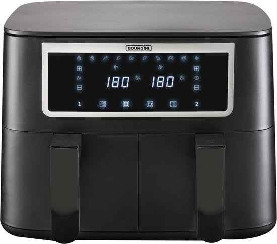 Bourgini Duo Heißluftfritteuse - 2 x 4,0L – PFAS-frei – XXL – 2 Einschübe mit Synchronisationsfunktion – Touchscreen – 8L – 2600 W – Schwarz