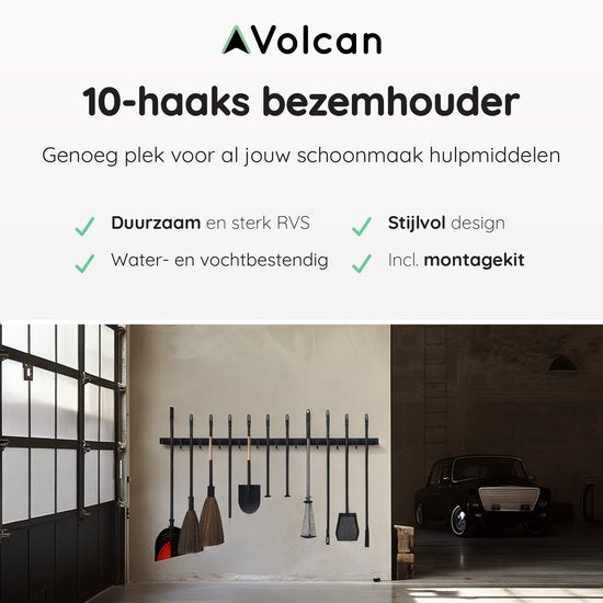 Volcan Besenhalter – Aufhängesystem für Besen und Gartengeräte – 9 Halterungen, 10 Haken – Selbstklebendes 3M-Klebeband – Werkzeughalter – Edelstahl, schwarz