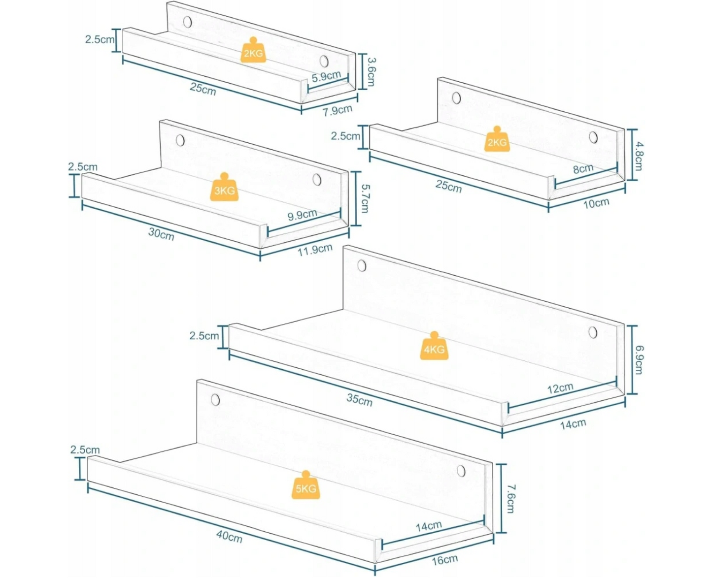 Eugad Wandregal-Set mit 5 Regalböden – Weißes MDF – 40 x 16 x 8 cm – Moderne Wandregale für Wohnzimmer, Schlafzimmer, Küche und Flur