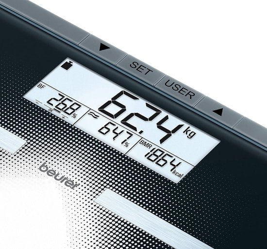 Beurer BG 21 Personenwaage – Körperanalyse – BMI/BMR/AMR - Bis zu 180 kg - 30 x 31,5 cm - 10 Benutzer - Beleuchtetes großes 2-zeiliges LCD-Display - Inkl. Batterien - 5 Jahre Garantie