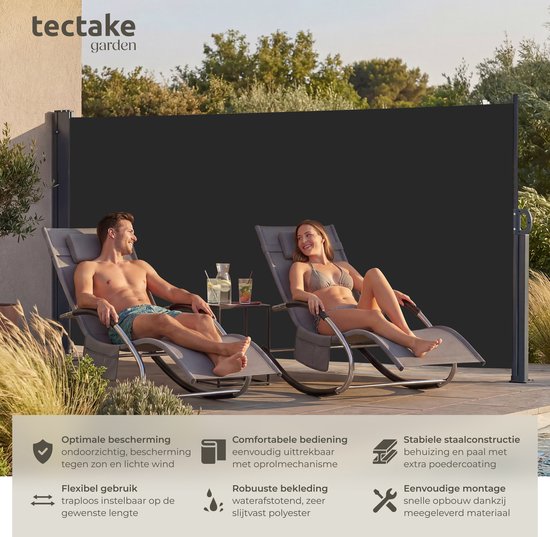tectake® Ausziehbarer Windschutz mit Aufrollmechanismus – 300 x 160 cm – Seitenmarkise mit Aluminiumrahmen – Sonnenschutz – Gartenschutz – Schwarzer Balkon-Windschutz – Undurchsichtiger Sichtschutz – Markisentuch