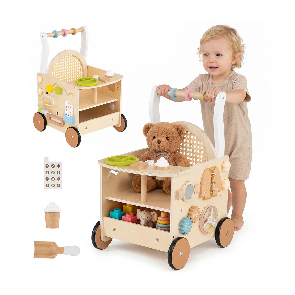Coast Laufwagen aus Holz – Spielzeug zur Förderung der Motorik – mit Eisset und Puppensitz – Naturholz