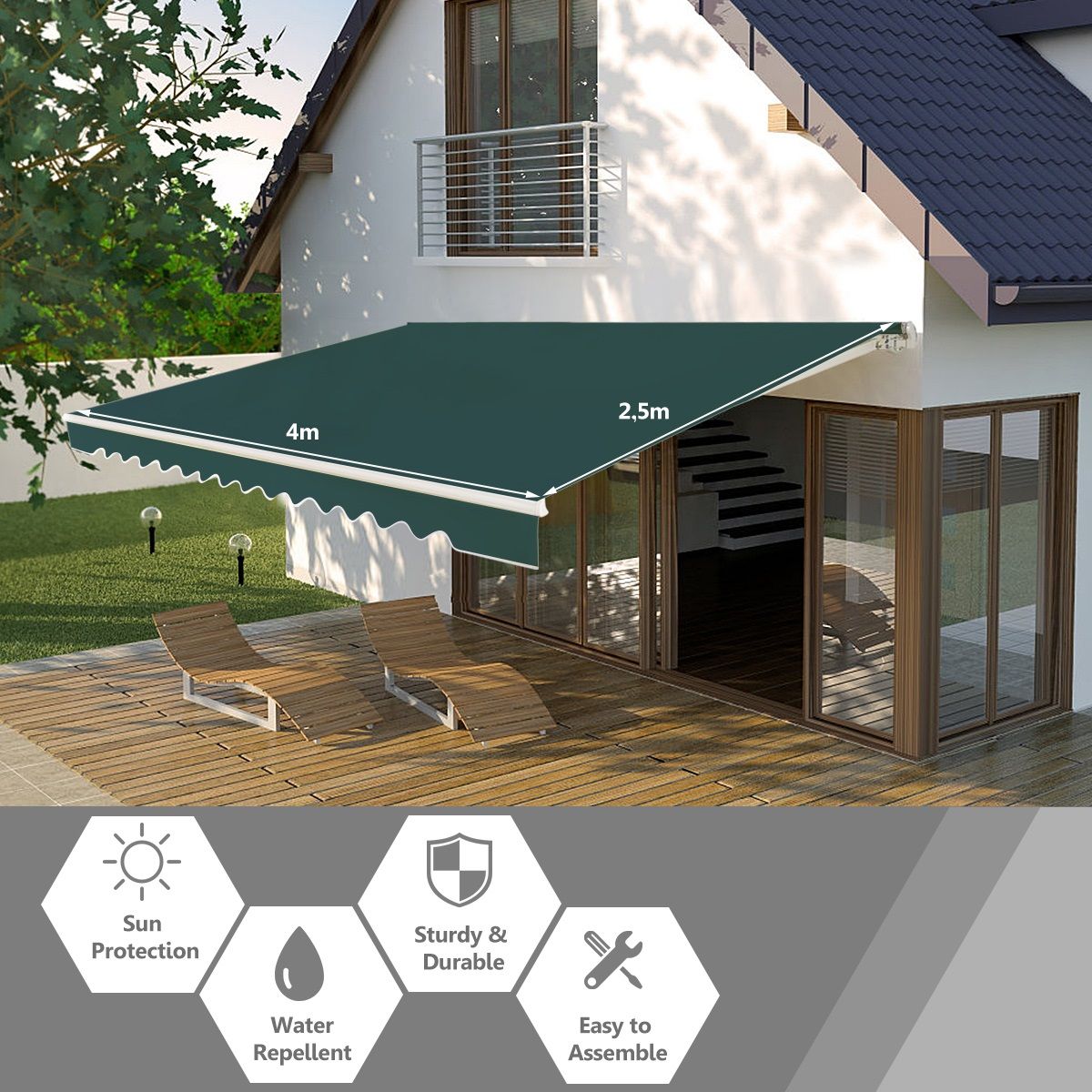 coast 4 x 2,5 m ausziehbare Terrassenmarkise - grün - Aluminiumgestell - Handkurbel