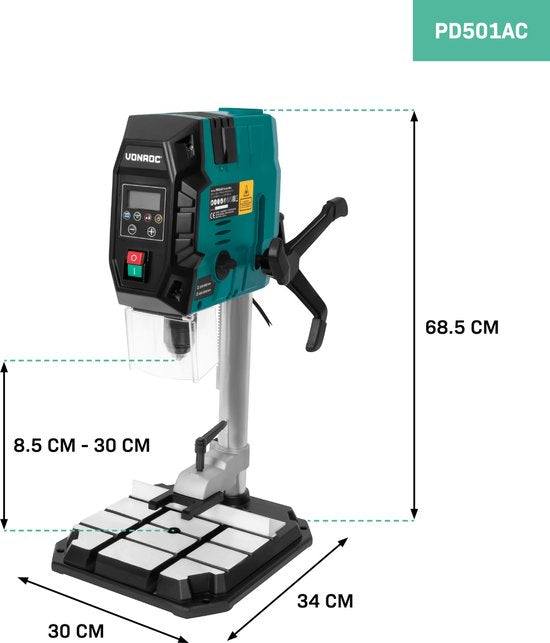 VONROC Säulenbohrmaschine 900W - Tischbohrmaschine - Digitales Bedienfeld mit LCD-Display - Kreuzlinienlaser und LED-Arbeitsleuchte - Inkl. Schnellspanner, Bohrzwinge und Parallelführung