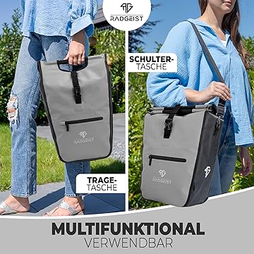 3-in-1-Fahrradtasche für Gepäckträger (25 Liter) - Rucksack-Fahrradtasche mit komfortabler Polsterung - Fahrradtasche mit sicherer Befestigung - 100% wasserdicht inklusive Laptopfach (Grau)
