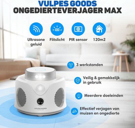 Vulpes Goods® Repellent - Ultraschall-Mausvertreiber - Schädlingsvertreiber für Innenräume - Tierfreundliche Mäuse- und Insektenbekämpfung - Tierfreundliche Mausefalle - 360 Grad Schutz - Schädlingsvertreiber - MAX Version - Weiß
