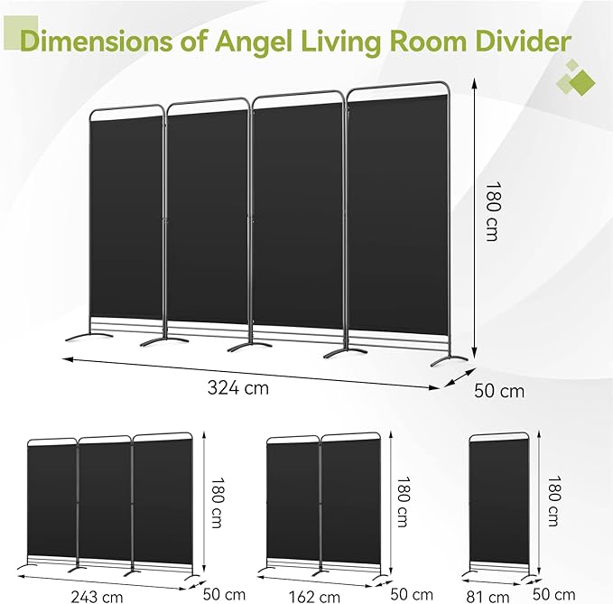 Angel Living Parawan Raumteiler – 3 Paneele – 165 cm hoch – Schwarz