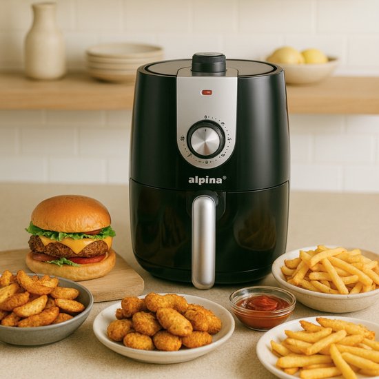 alpina Airfryer 2L – Heißluftfritteuse für 1–4 Personen – Airfryer mit Timer – Einstellbare Temperatur von 80 bis 200 Grad – mit Timer-Funktion – Heißluftofen 900 W