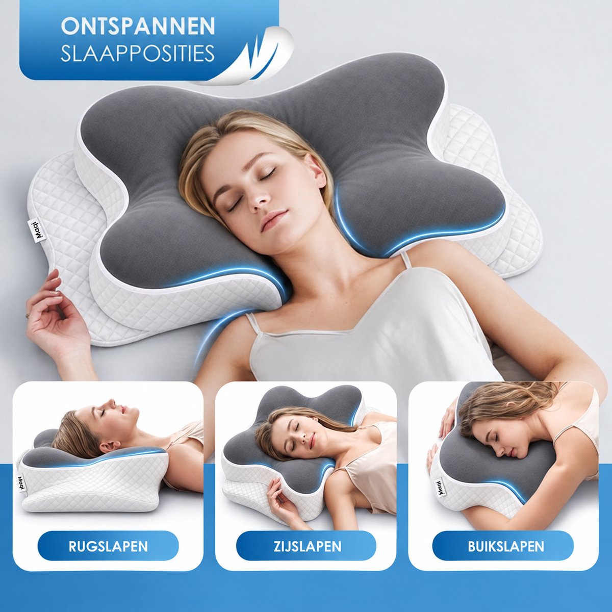 Maqi Living Ergonomisches Kopfkissen aus Memory-Schaum – Nackenstütze mit 2 Höhen – Für Rücken-, Seiten- und Bauchschläfer – 68 x 45 cm – Weiß