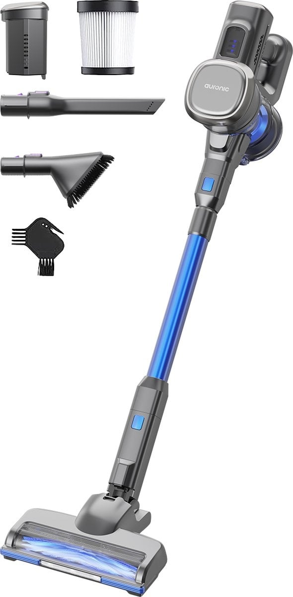 Auronic Stick Staubsauger - Kabellos - Beutellos - Akkubetrieben - Freistehend - 220 W - Grau/Blau