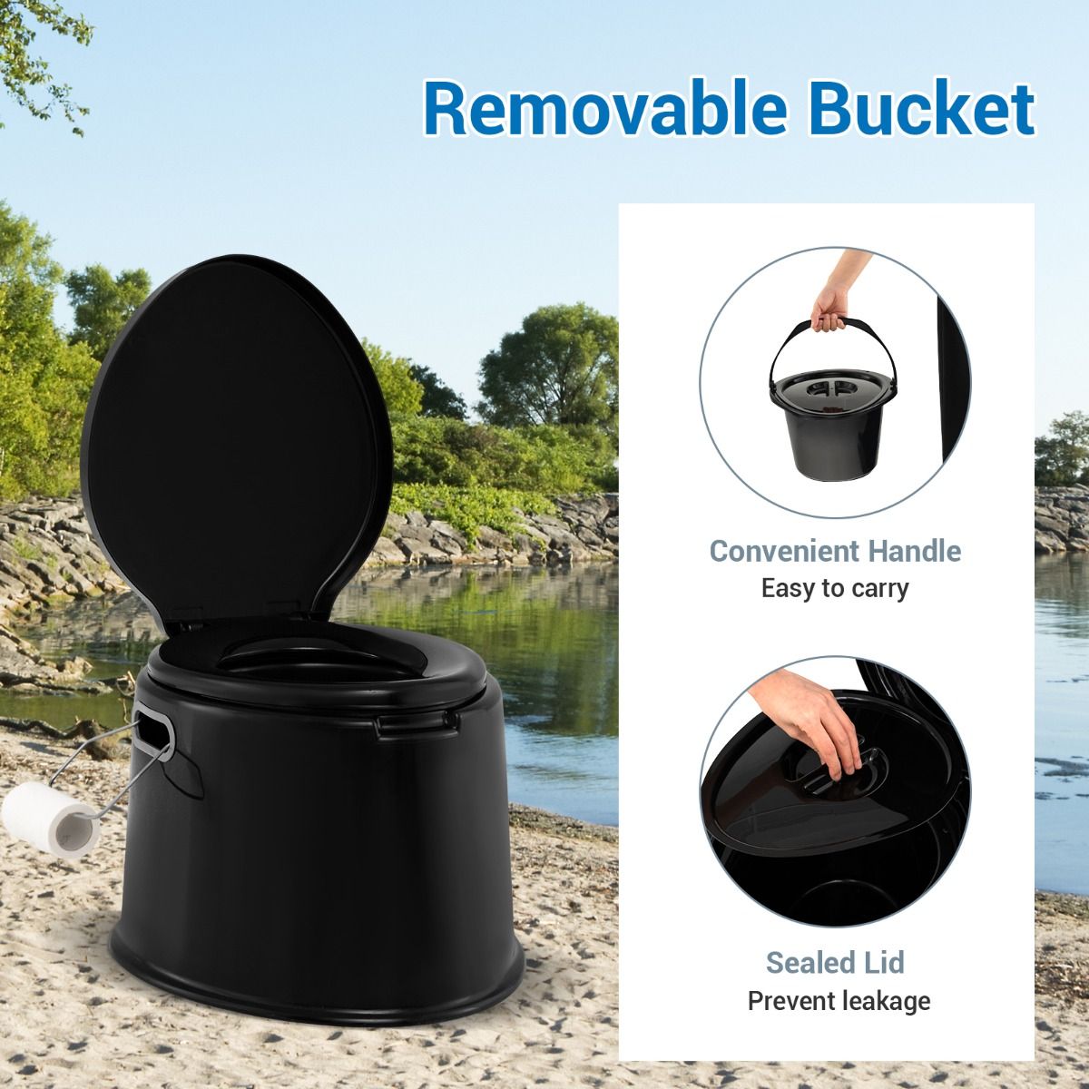 coast Tragbare Reisetoilette 41x49x34 cm Schwarz Leichtgewicht mit herausnehmbarem Inneneimer und Toilettenpapierhalter