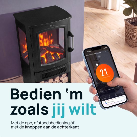 MOA Elektrischer Dekokamin – mit App – Kamin mit Heizfunktion – 2000 W – freistehender Kamin – offener Kamin – realistische LED-Kaminbeleuchtung – schwarz
