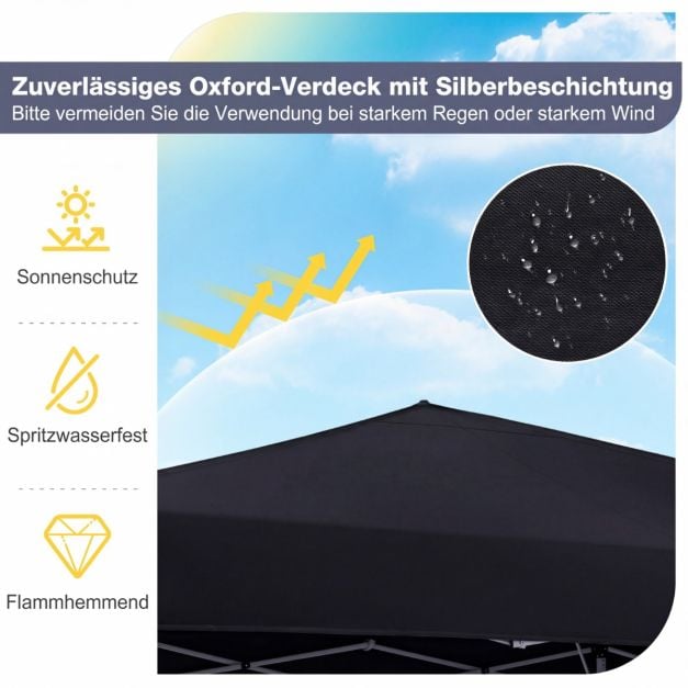 Coast Pop-Up-Partyzelt 290 × 290 cm – Zusammenklappbarer Pavillon mit 3 Höhenstufen, Tragetasche, Abspannleinen und Heringe – Schwarz