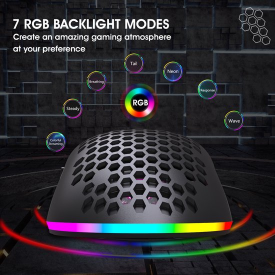 HXSJ T66 - Kabellose Gaming-Maus - Computermäuse - Ultraleicht - RGB-Beleuchtung - Schwarz