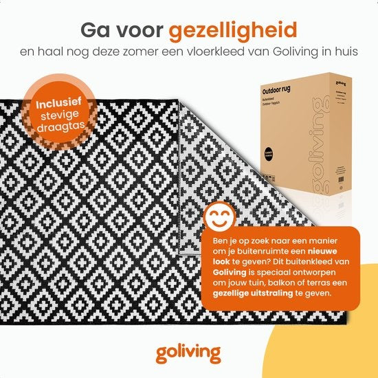 Goliving Outdoor Teppich Summer Diamond - 183x290CM - Gartenteppich - Outdoor Teppich - Teppich - Gartenteppich - Reversibel - Inkl. Tragetasche - Schwarz/Weiß
