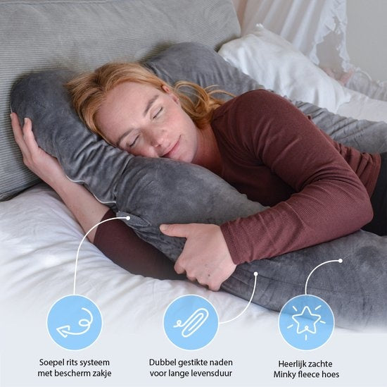 EL Life Schwangerschaftskissen XXL U-Form - Stillkissen - Seidenkissen - Körperkissen - Abnehmbarer Minky-Vliesbezug - 140x80cm - Grau