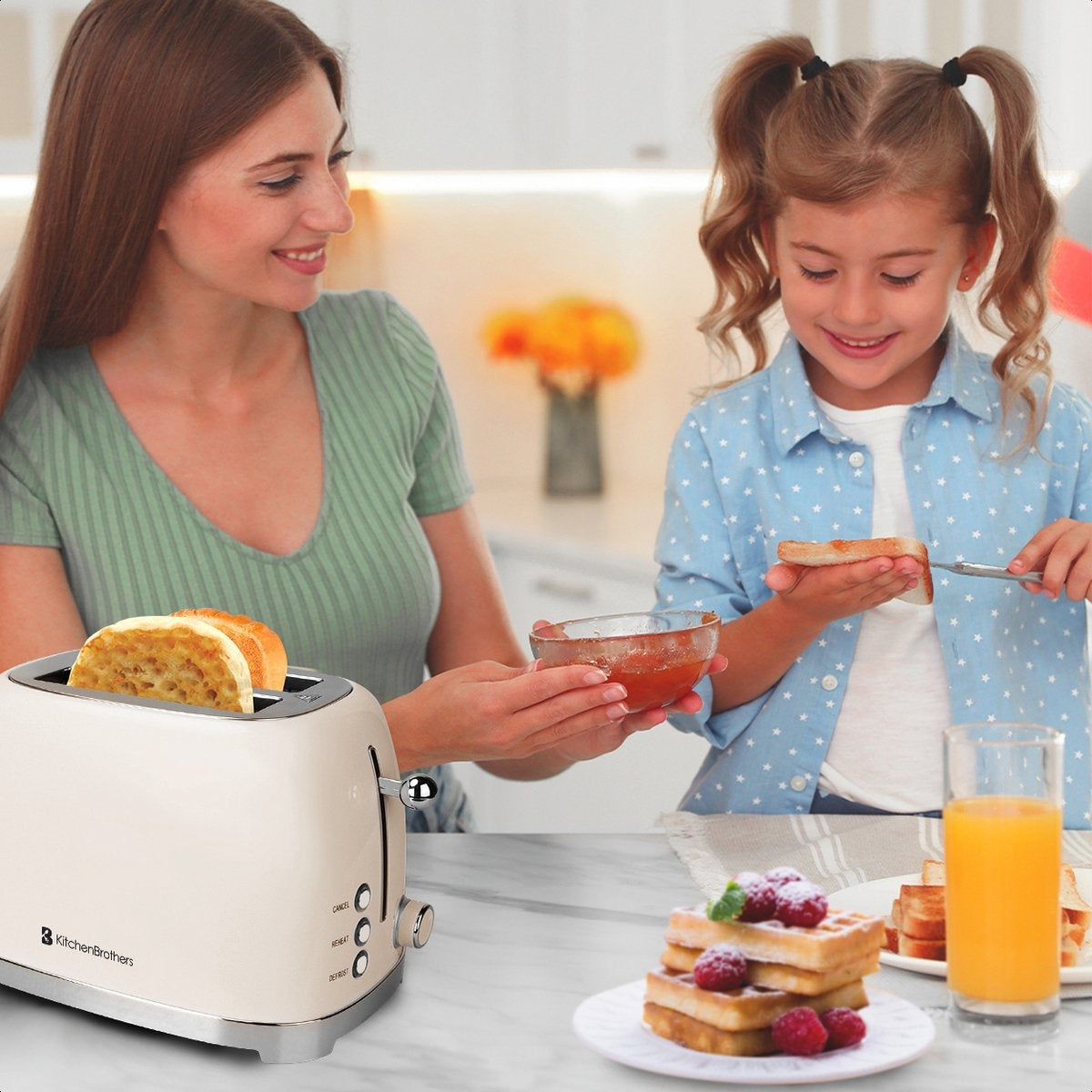 KitchenBrothers Retro-Toaster - 6 Heizstufen - 2 extra breite Schlitze - 1630W - Aufwärm- und Auftaufunktion - Beige