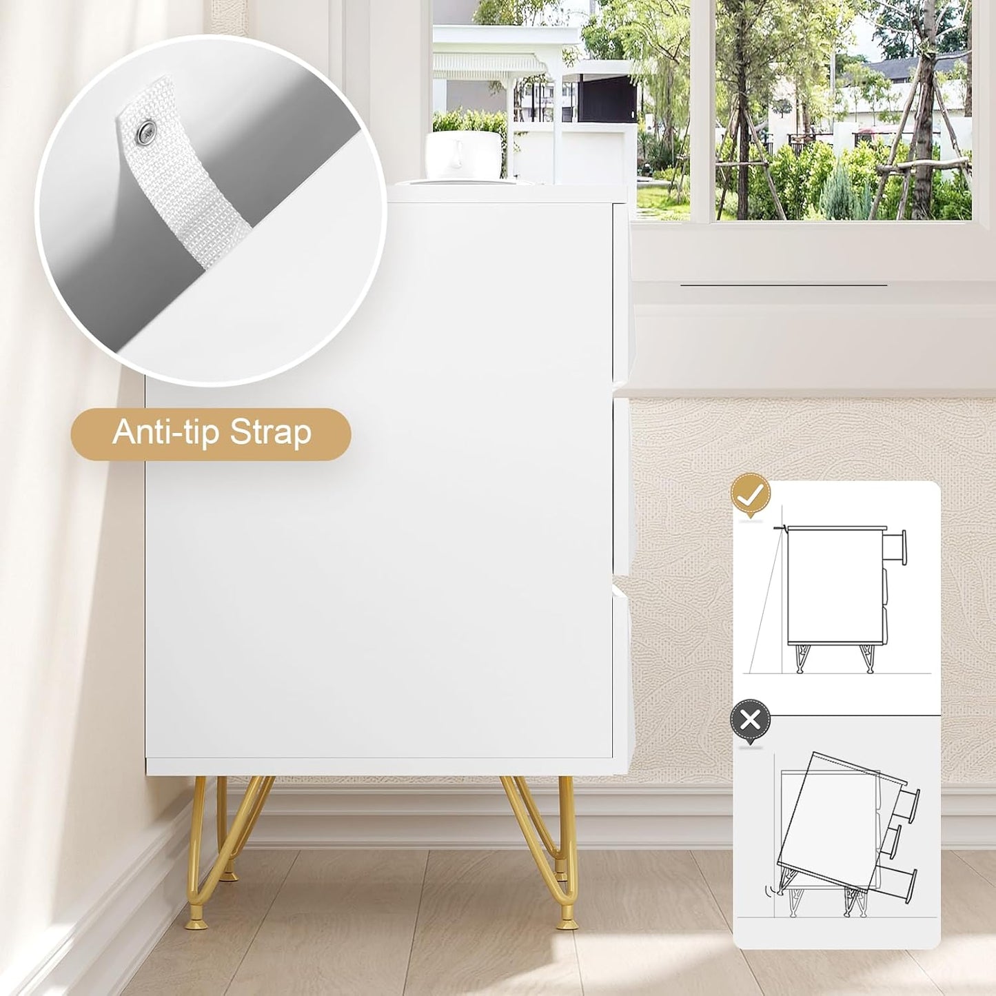 Eugad Nachttisch mit 3 Schubladen - 40x40x62,5 cm - Weiß mit Gold - Modernes 3D Design