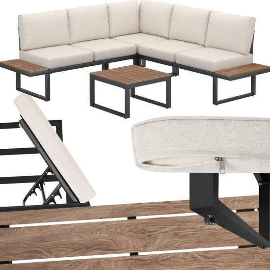 tectake® Gartenset - Loungeset 4-teilig - Wetterfeste Gartenmöbel mit Aluminiumgestell und Polyholztisch - Verstellbare Rückenlehne - Gartenmöbelset mit Kissen - Ideal für Garten, Balkon und Terrasse