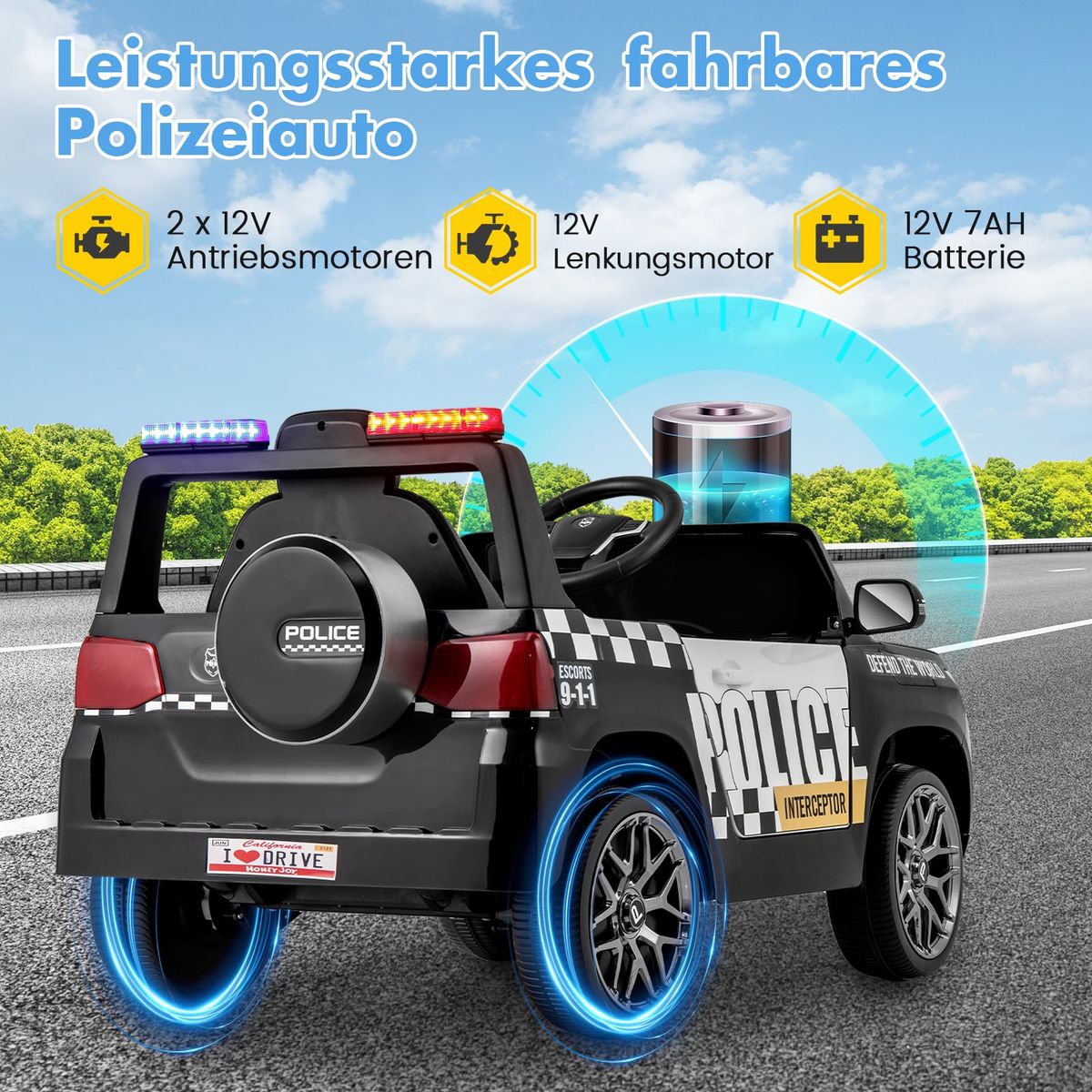 Coast Elektrisches Kinderpolizeiauto – mit Fernbedienung – Sirene und LED-Beleuchtung – schwarz