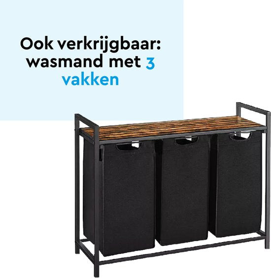 BRASQ Wäschekorb 2 Fächer - Wäschesortierer 76 Liter - Ausziehbar mit Regal 73x33x71 cm - Wäschebox Schwarz Metall - Braunes Holz - Korb