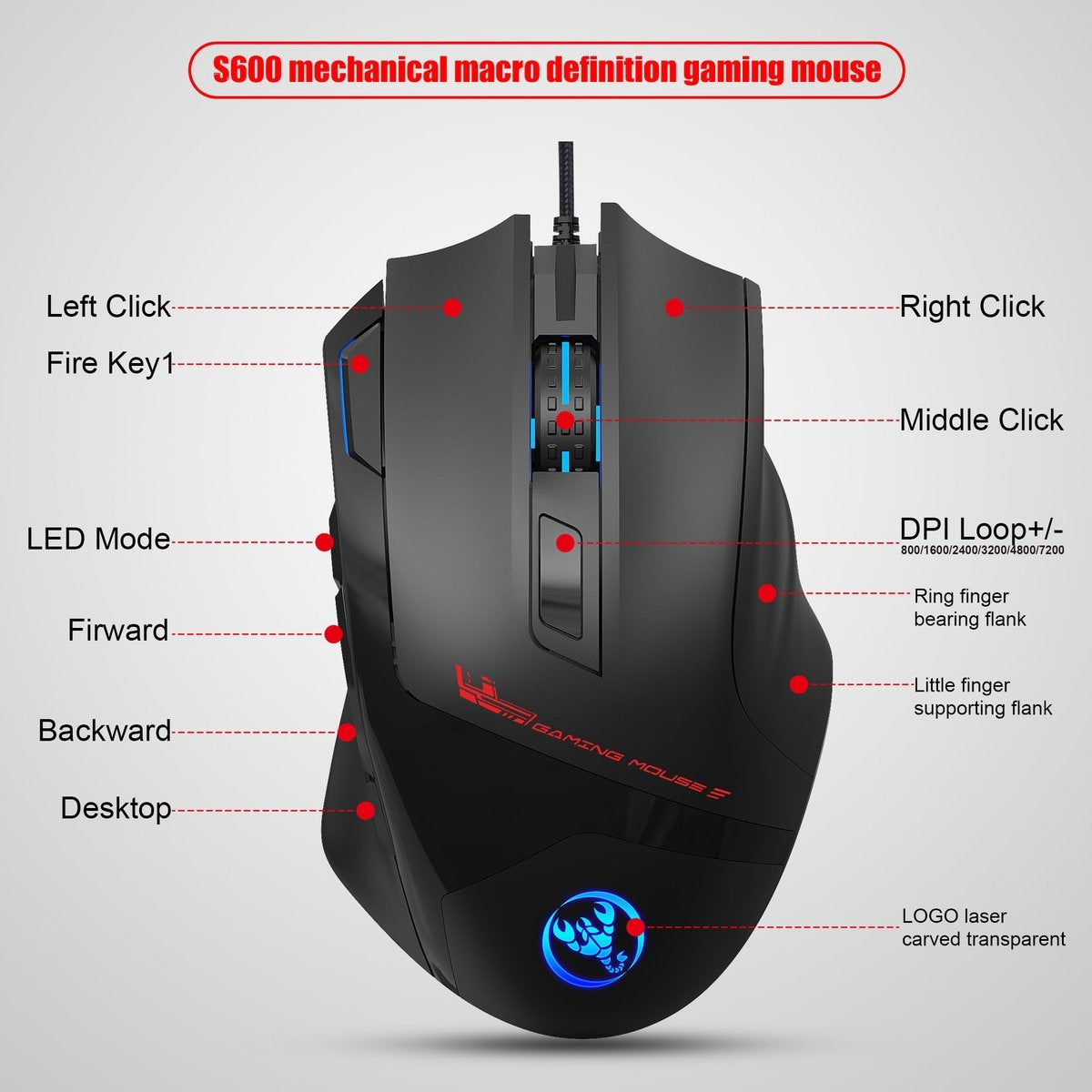 HXSJ S600 Pro Optische Gaming-Maus - Programmierbar - RGB-Licht - Ergonomisch - 7200DPI - Schwarz