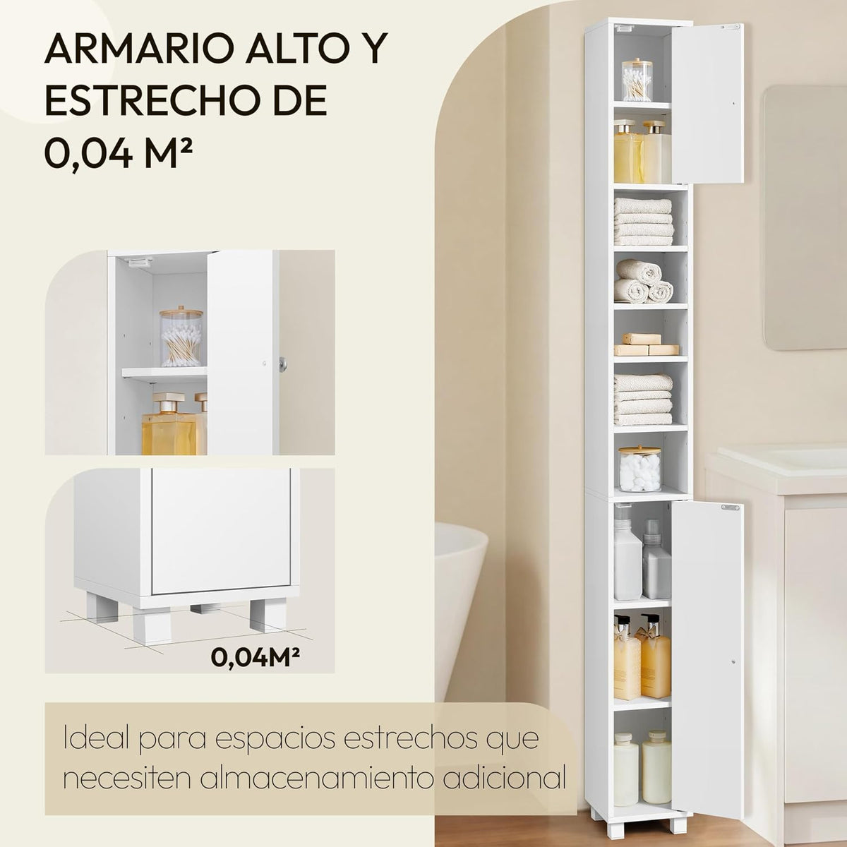 Yaheetech Schmaler Badezimmerschrank mit 6 verstellbaren Einlegeböden, 20 × 20 × 180,5 cm, weiß