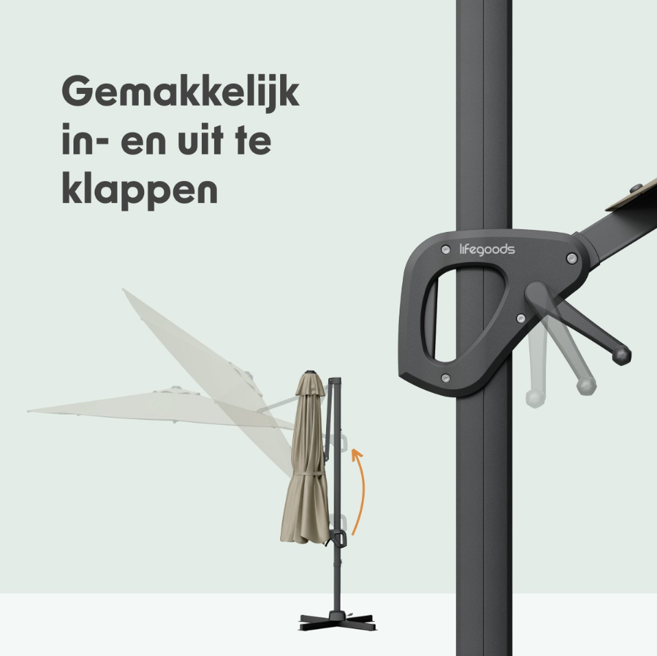 LifeGoods Schwebender Sonnenschirm Ø300 cm - 360° drehbar - 6 Ständer - Inkl. Abdeckung - Taupe
