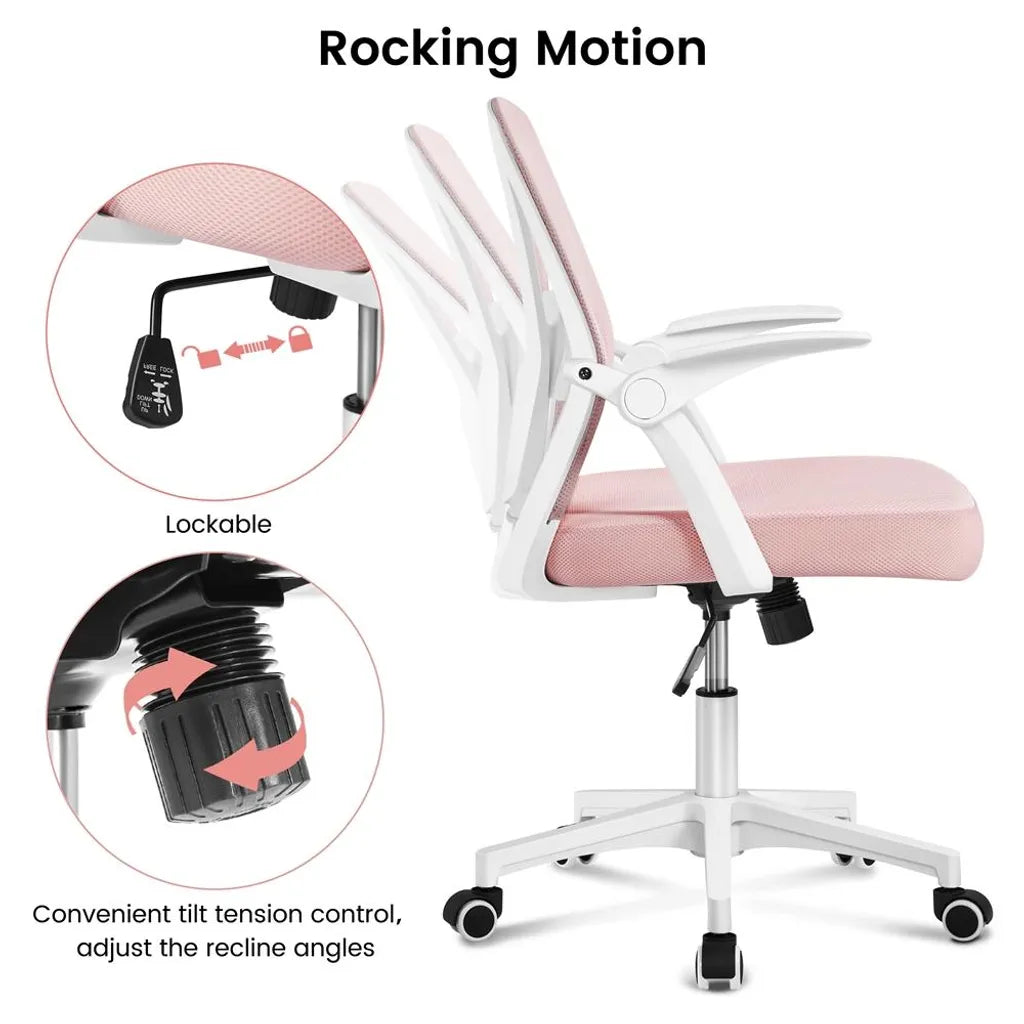 Yaheetech Ergonomischer Bürostuhl, verstellbar, 59 x 57,5 x 90–100 cm – Rosa – Netz-Bürostuhl mit klappbaren Armlehnen und Lendenwirbelstütze