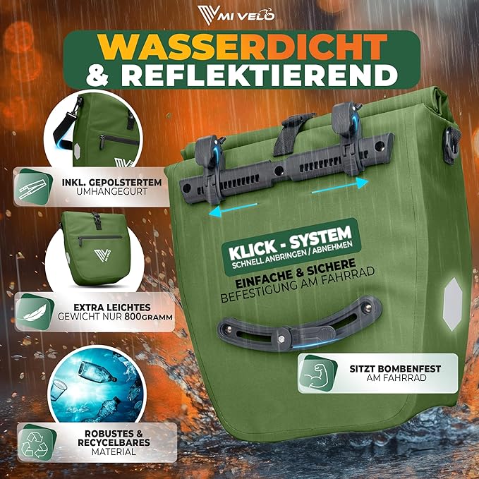 MIVELO Fahrradtasche – 2in1 Gepäckträgertasche & Schultertasche – 20 Liter – Olivgrün
