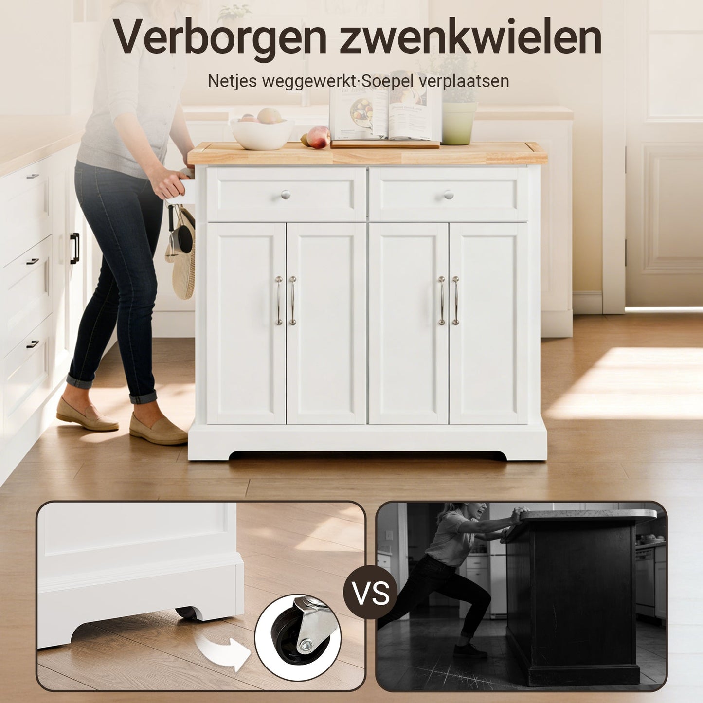 SoBuy FKW71-WN Küchenwagen mit ausziehbarer Arbeitsplatte – Weiß/Natur – Servierwagen, Kücheninsel