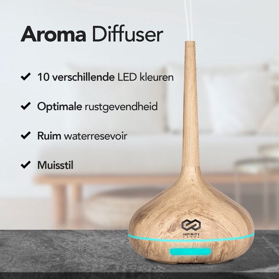 Infinity Goods Aroma Diffuser Inkl. 2x 10ml reines ätherisches Ã–l - Luftbefeuchter - Verdampfer - 10 LED Farben - Aromatherapie - Duftdiffusor - Holz Braun