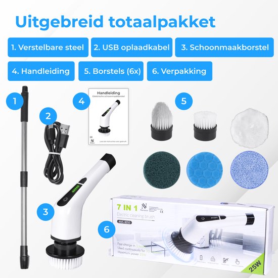 Nuvance - Elektrische Reinigungsbürste - Inkl. 7 Aufsätze - Elektrische Reinigungsbürste - Schrubber mit Stiel - Handbürste
