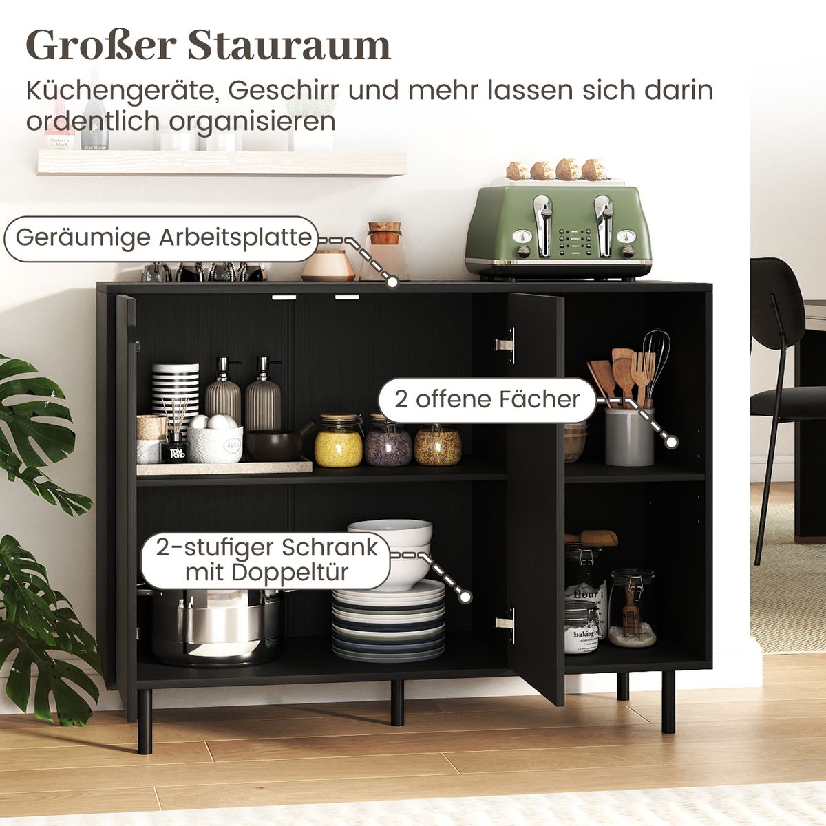 Coast Kommode mit 4 Fächern und 2 Türen – verstellbare Einlegeböden – schwarz – 106 x 38 x 80 cm