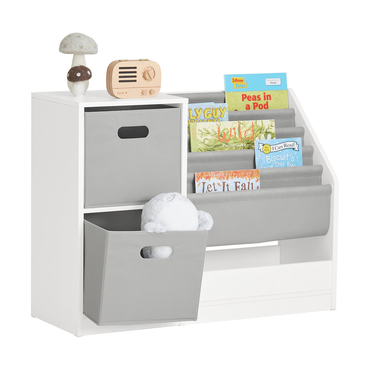 SoBuy KMB76-W Kinderbücherschrank mit 2 Körben und Stauraum für Spielzeug – 80 x 30 x 61 cm – Weiß