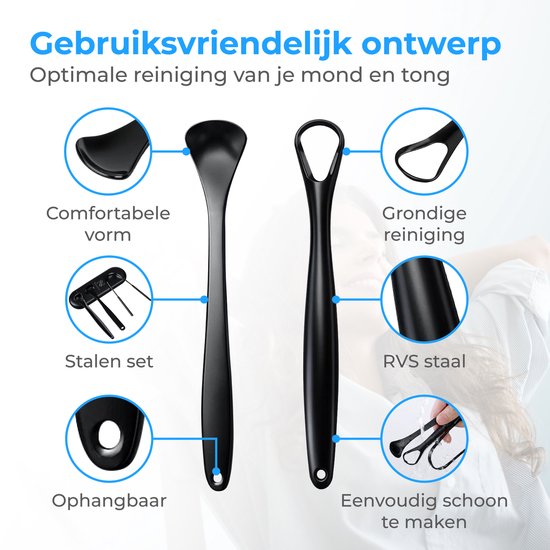 Nuvance Professioneller Zungenschaber – 3-in-1-Set – für die Mundpflege – Zungenreiniger – Zungenschaber – Tongue Scraper – Edelstahl – Schwarz