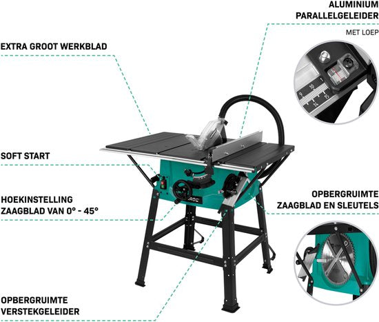 VONROC Sägetisch 2000W - Ø250mm - Große Arbeitsfläche - Sägewinkel einstellbar von 0° bis 45° - Mit Soft-Start-Technik - Inkl. 60T Sägeblatt und Ständer