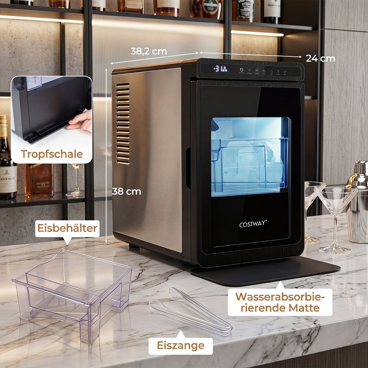 Coast Eiswürfelmaschine – 2 Einstellungen – 24-Stunden-Timer – 4 cm große quadratische Eiswürfel – schwarz und silber