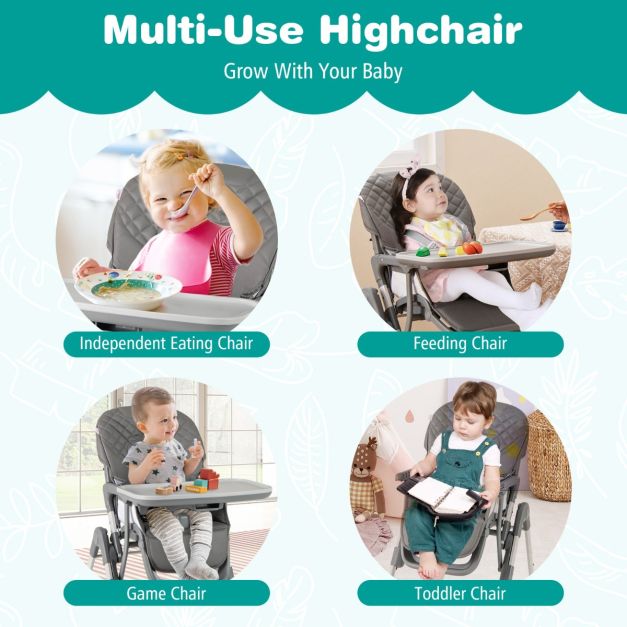 Coast Klappbarer Kinderstuhl mit Liegefunktion – Verstellbarer Baby-Kinderstuhl mit 5-Punkt-Gurt, Rollen und abnehmbarem Tablett – Grau