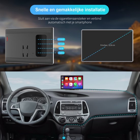 Strolox CarPlay-Bildschirm 9 Zoll – Kompatibel mit Apple CarPlay und Android Auto – Drahtlos – Navigationssystem – Universelles Auto-Stereo-Bluetooth – USB-C-Anschluss – 2 Befestigungshalterungen – 2024
